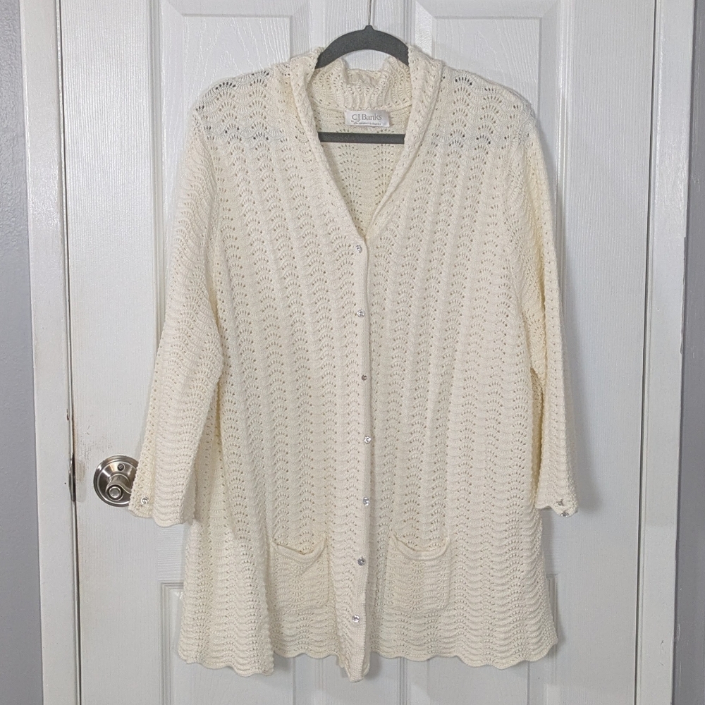 CJ Banks Crocheted Knit Cream Cardigan Sweater With Jeweled Buttons‎
